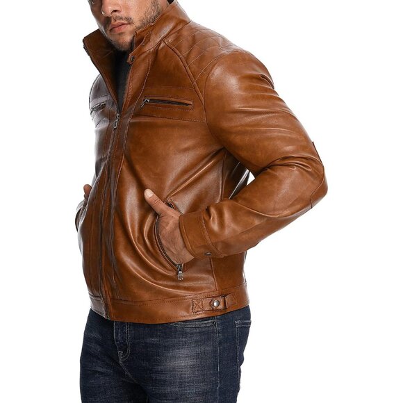 Men's Brown Stand Collar Faux Leather Bomber Motorcycle Jacket with Zipper - Picture 5 of 7